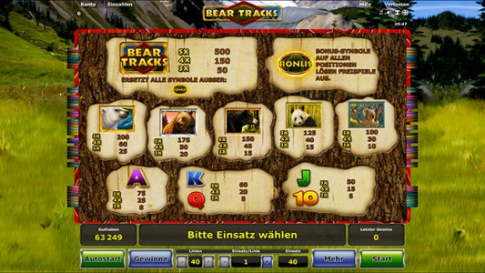 Die Gewinntabelle des Stargames Spiel Bear Tracks